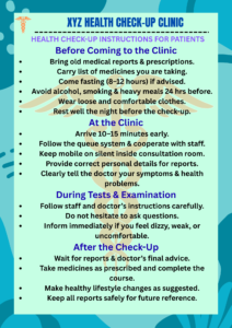 Editable Canva template for clinic notice board with patient instructions for health check-up, featuring clean and professional medical design.