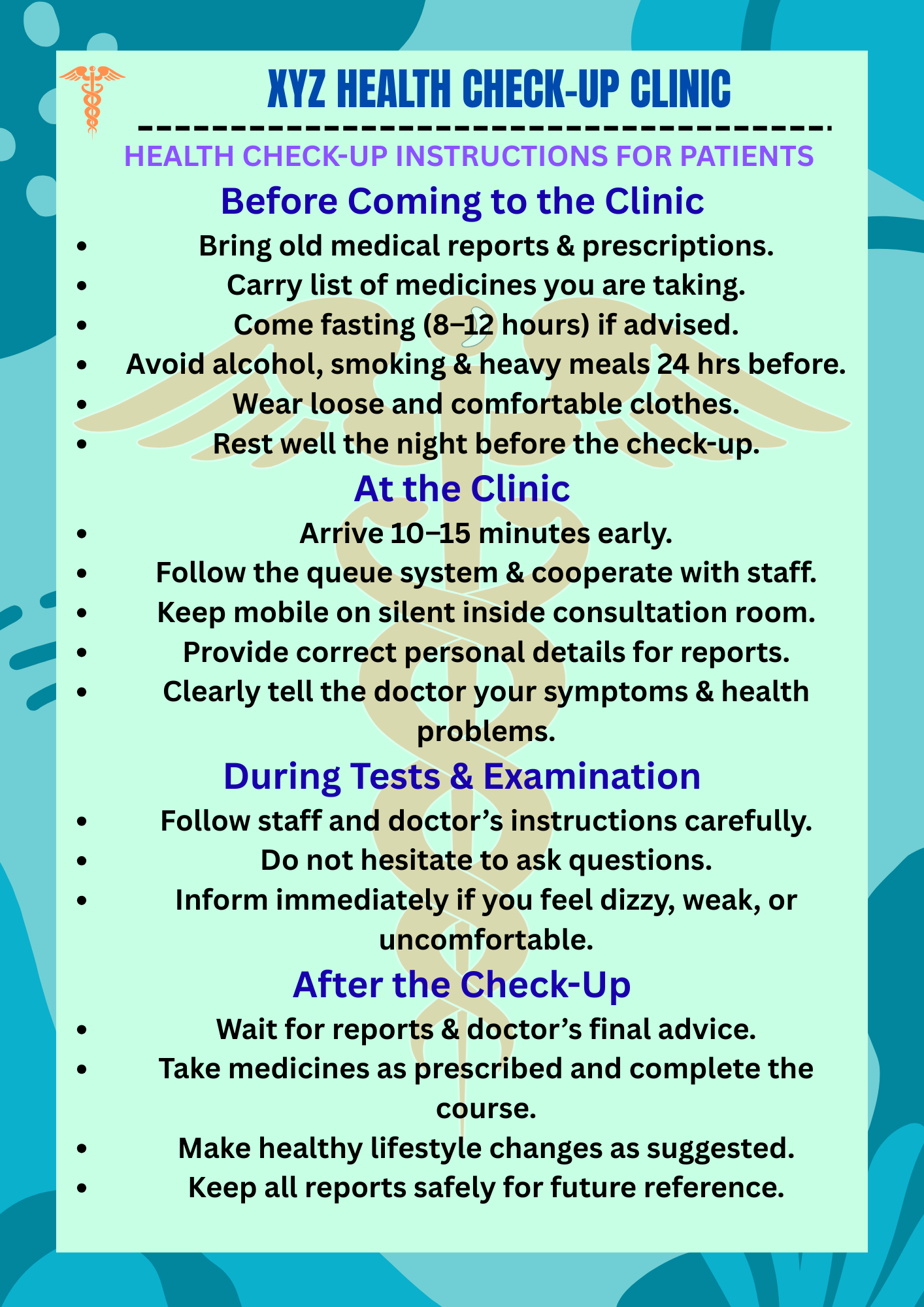 Editable Canva template for clinic notice board with patient instructions for health check-up, featuring clean and professional medical design.